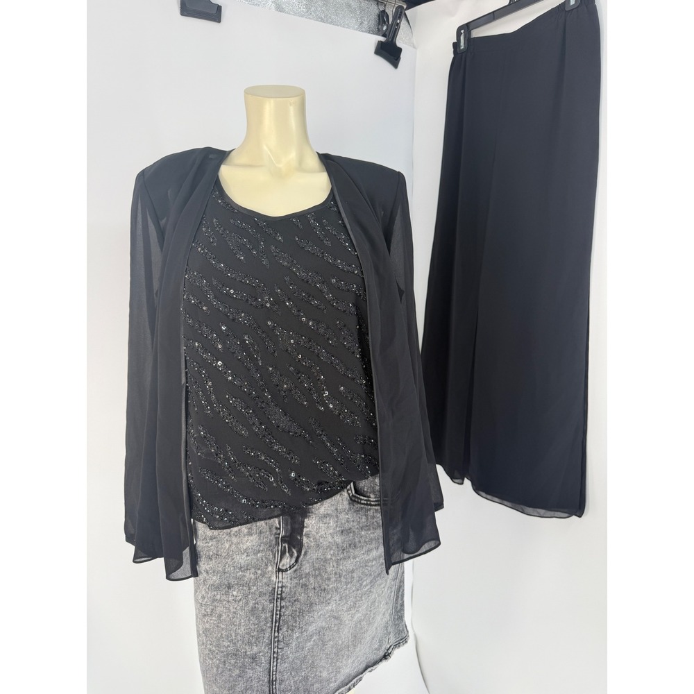 R&M Richards Womens 3 Piece Sequin Pant Suit Set Black Chiffon Evening Size 8